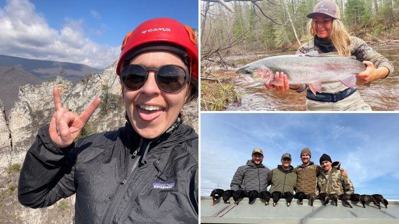 A collage of three images: left, a woman in a red helmet smiles and flashes a peace sign on a mountain; top right, a woman holds a large fish by a river; bottom right, four people pose with several ducks on a boat. Darby Communications PR + Digital Marketing