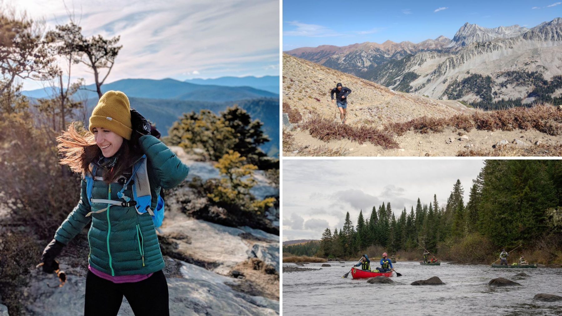 A collage shows: left, a woman hiking on a rocky trail with mountains in the background; top right, a person hiking in a dry, mountainous area; bottom right, people canoeing on a river surrounded by forest. Darby Communications PR + Digital Marketing