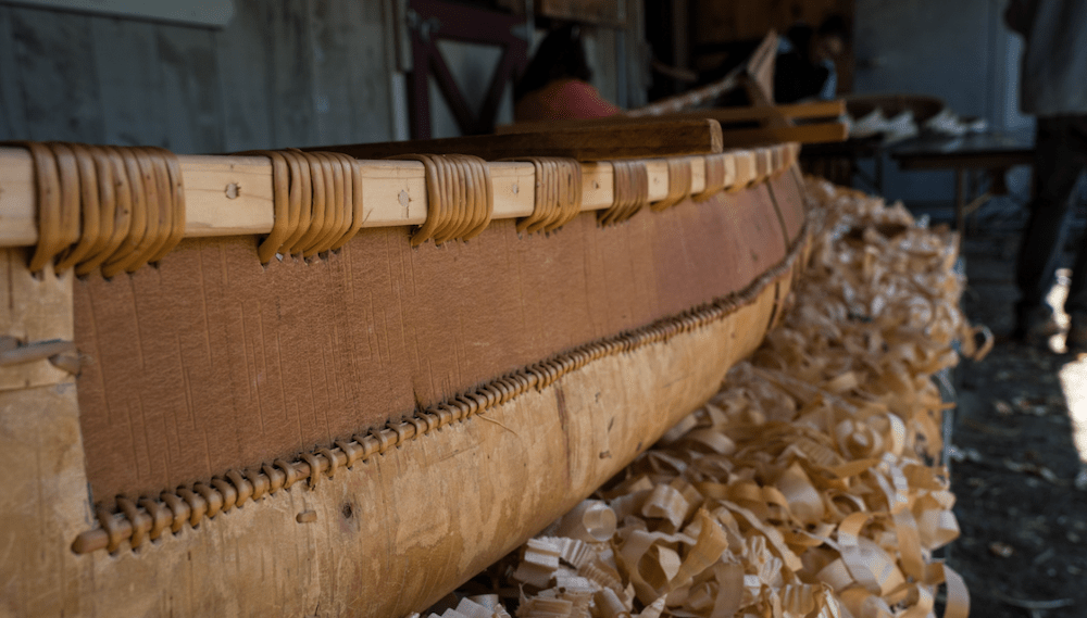 Close up of a birch bark canoe that is being carved.