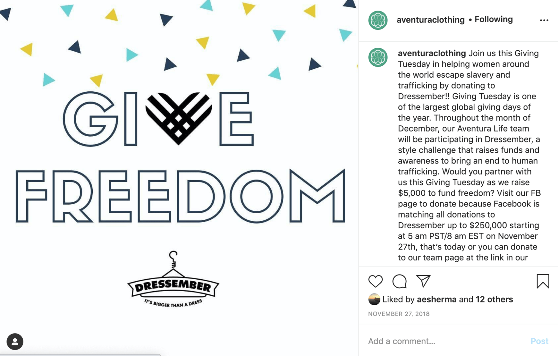 An Instagram post from Aventura about the Dressember initiative.