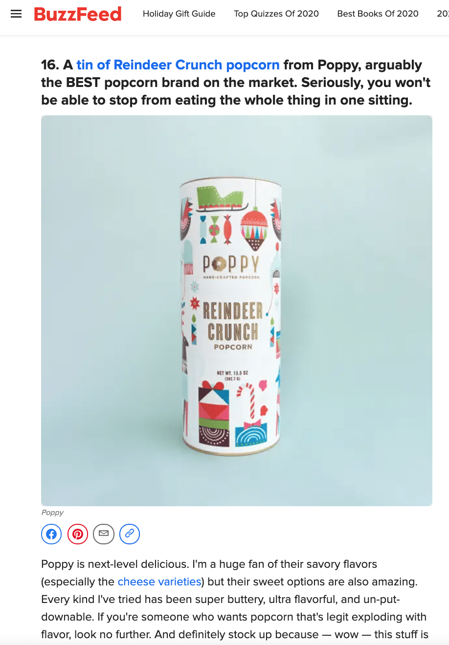 Picture of Buzzfeed's webpage and a picture of Poppy Handcrafted Popcorn's Reindeer Crunch Tin with Christmas decorations.