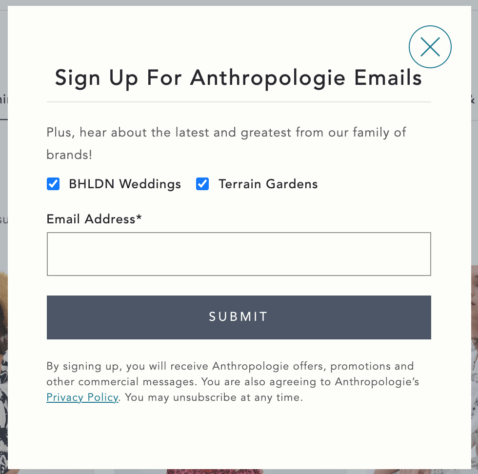 Screenshot of newsletter sign-up pop-up from Anthropologie.com as an example of how to improve email deliverability.
