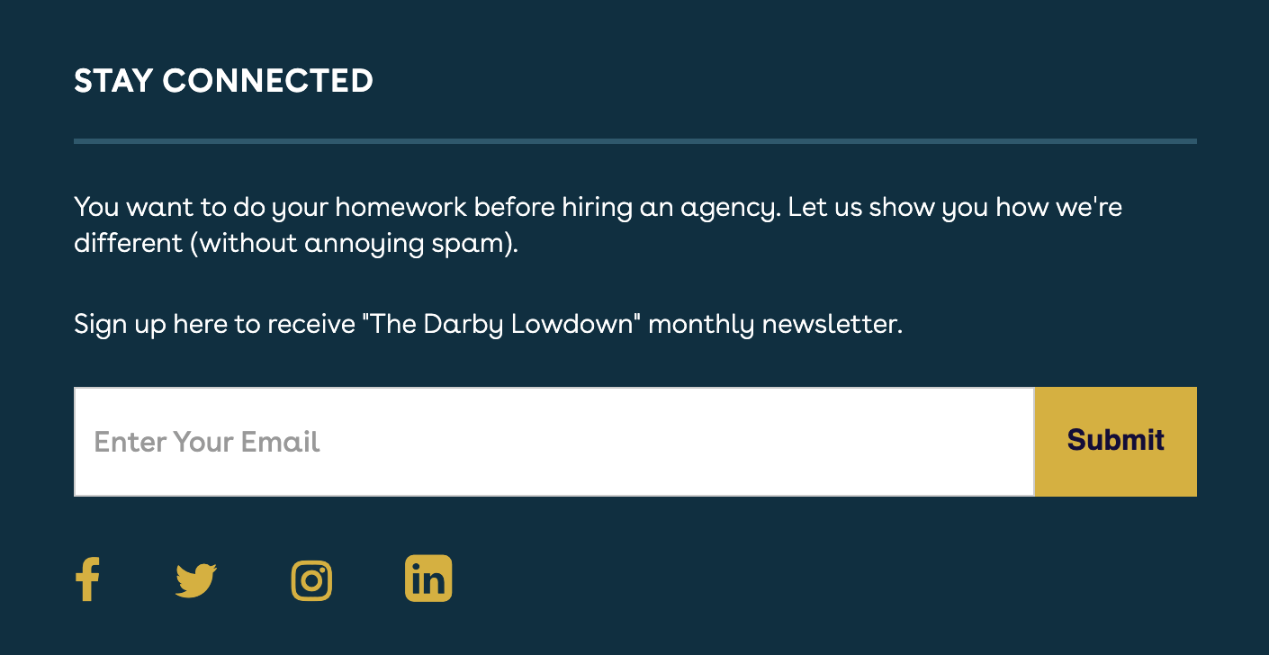 Screenshot of a sign up for an email marketing newsletter on a website