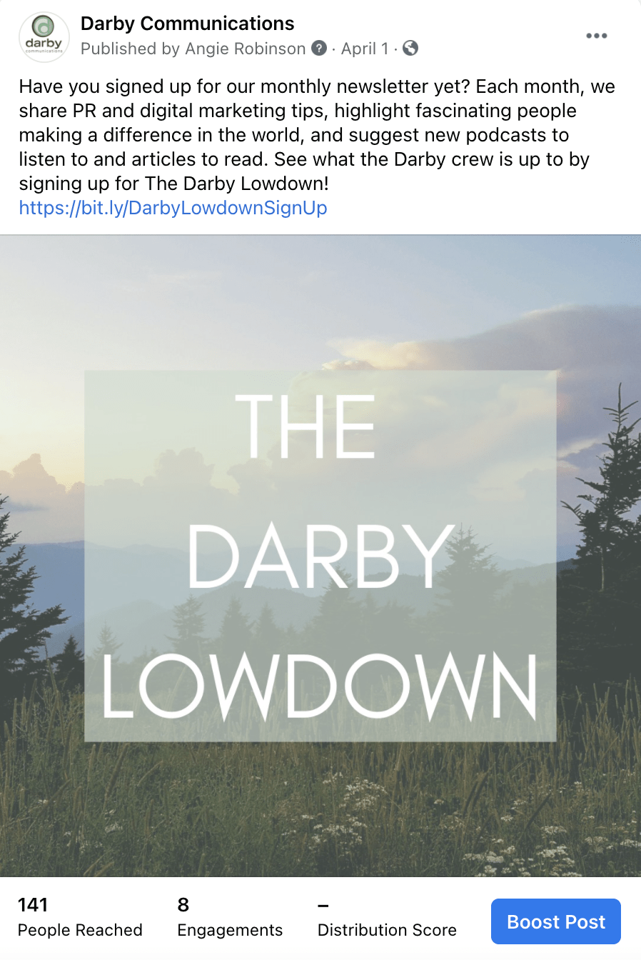 Screenshot of a Facebook post asking visitors to sign up for a newsletter called The Darby Lowdown.