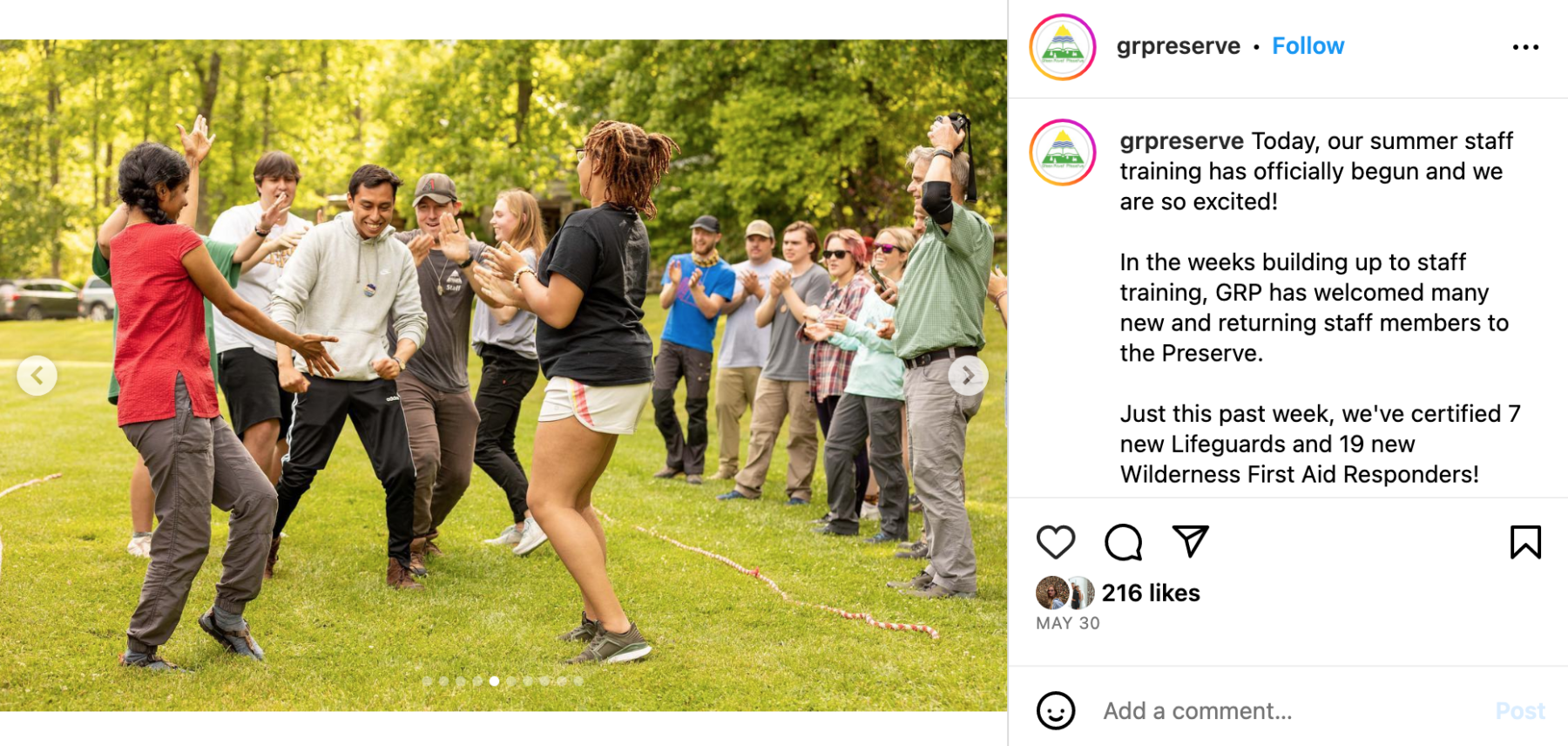 Screenshot of Instagram post from Green River Preserve. The post is sharing some behind-the-scenes shots from Green River Preserve's staff training as an example for nonprofit marketers. 
