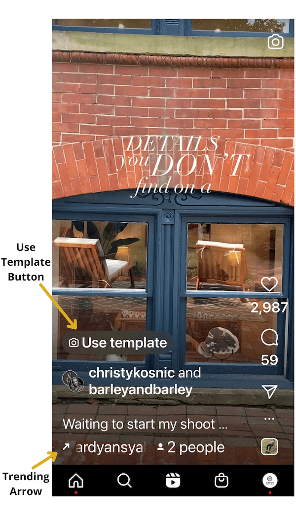 Instagram Reels diagram showing where the Use Template and Trending Arrow are located.